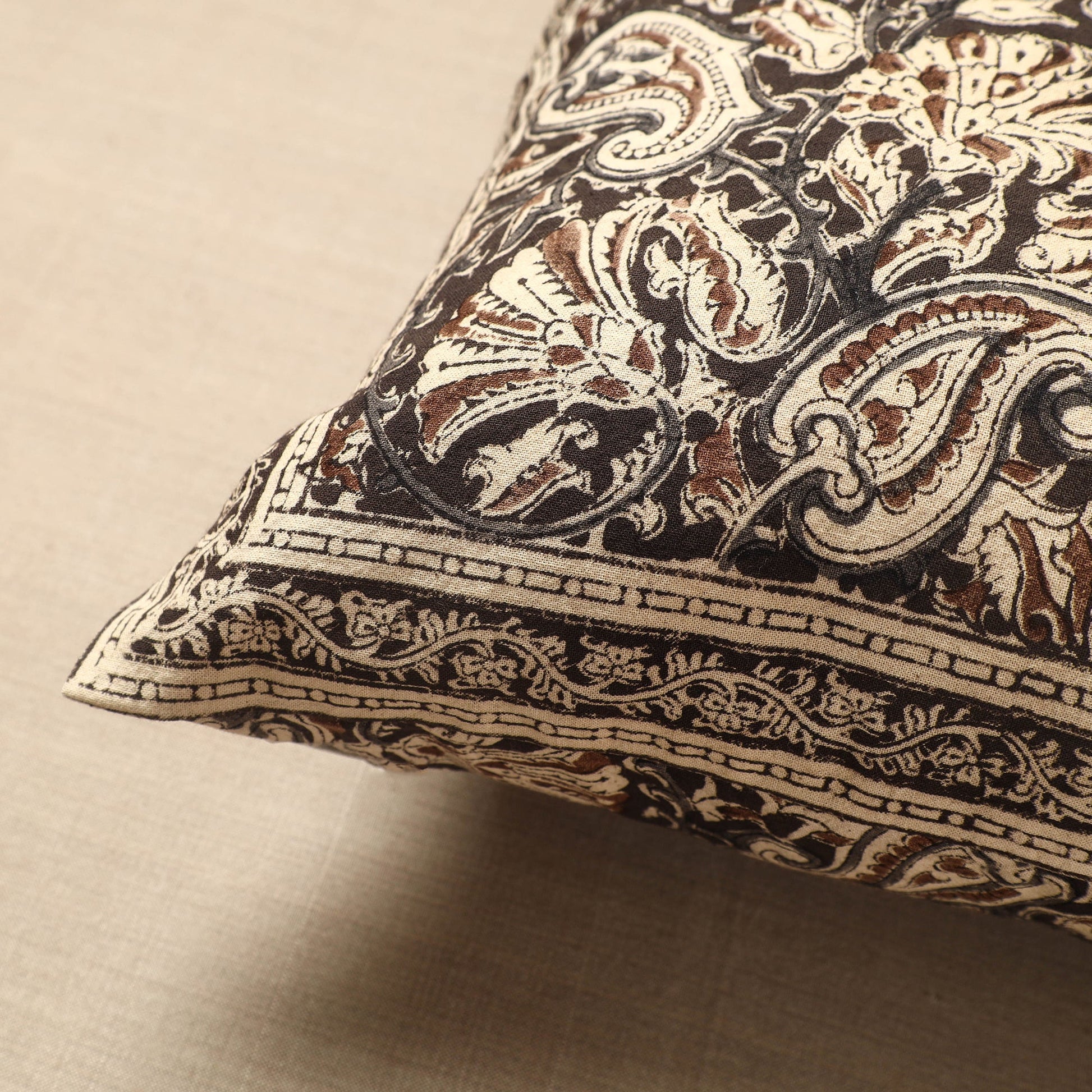 Brown - Original Pedana Block Print Cotton Kalamkari Cushion Cover 01