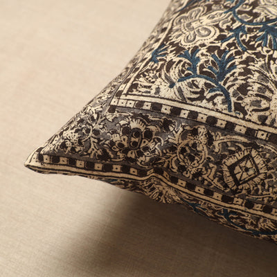 Black - Original Pedana Block Print Cotton Kalamkari Cushion Cover 03