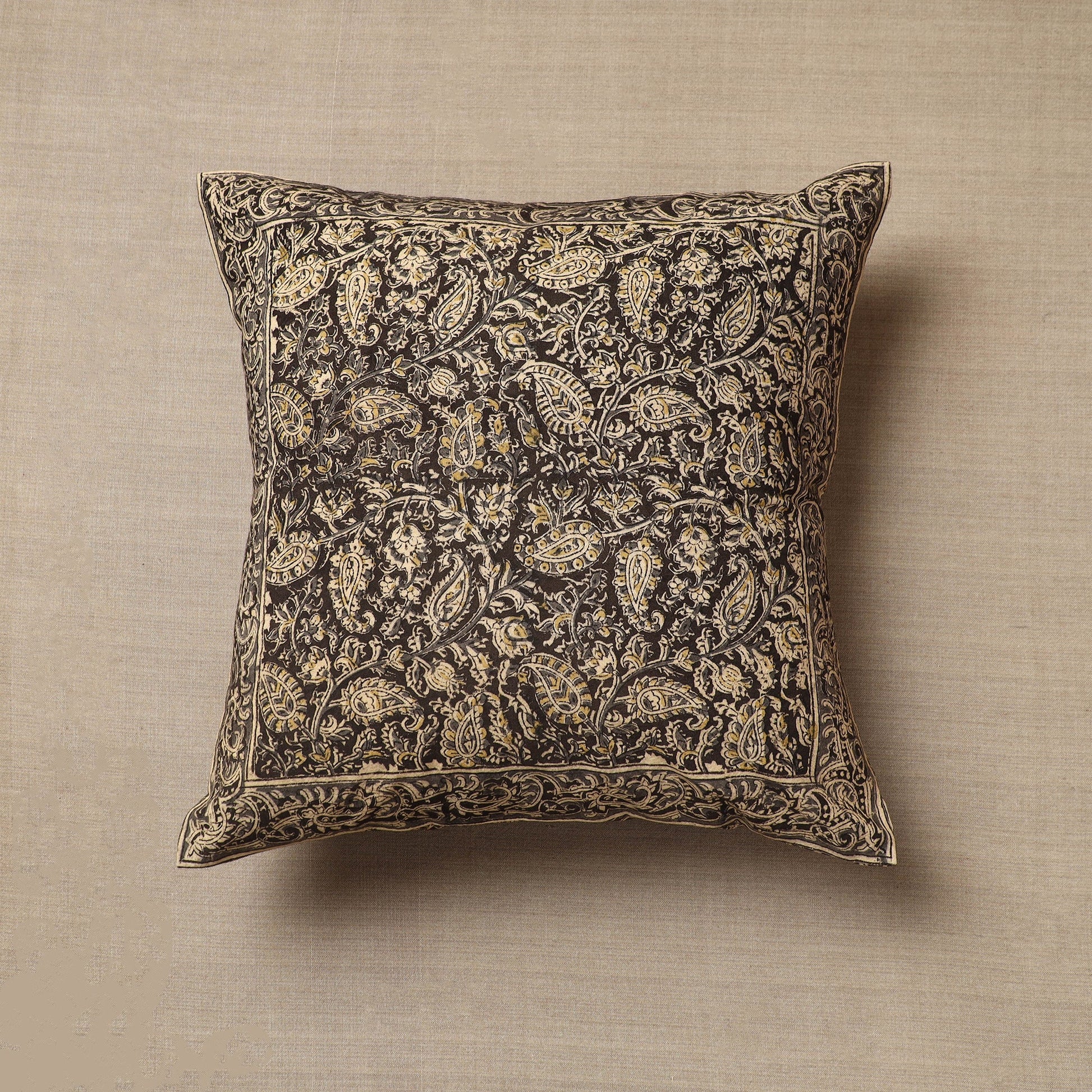Black - Original Pedana Block Print Cotton Kalamkari Cushion Cover 04