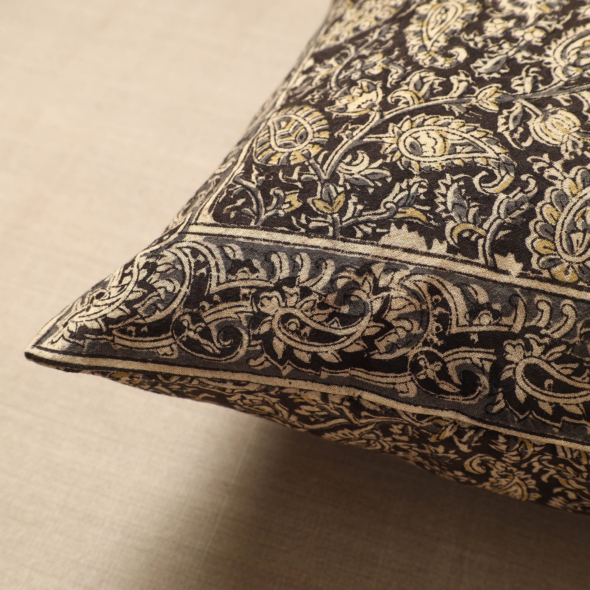 Black - Original Pedana Block Print Cotton Kalamkari Cushion Cover 04