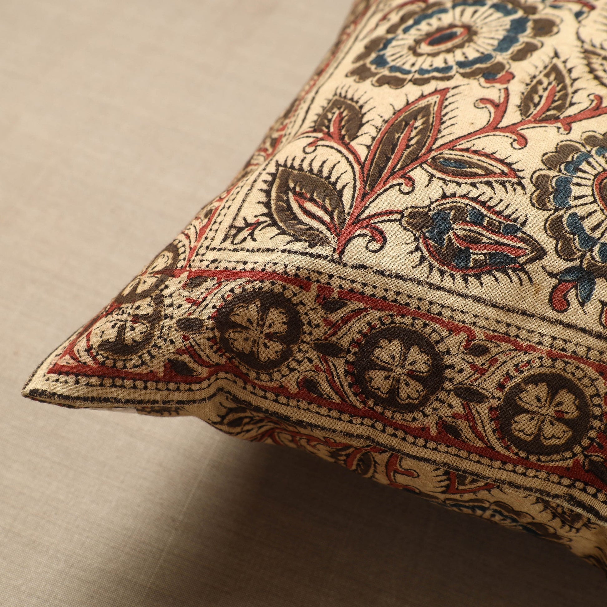 Beige - Original Pedana Block Print Cotton Kalamkari Cushion Cover 05