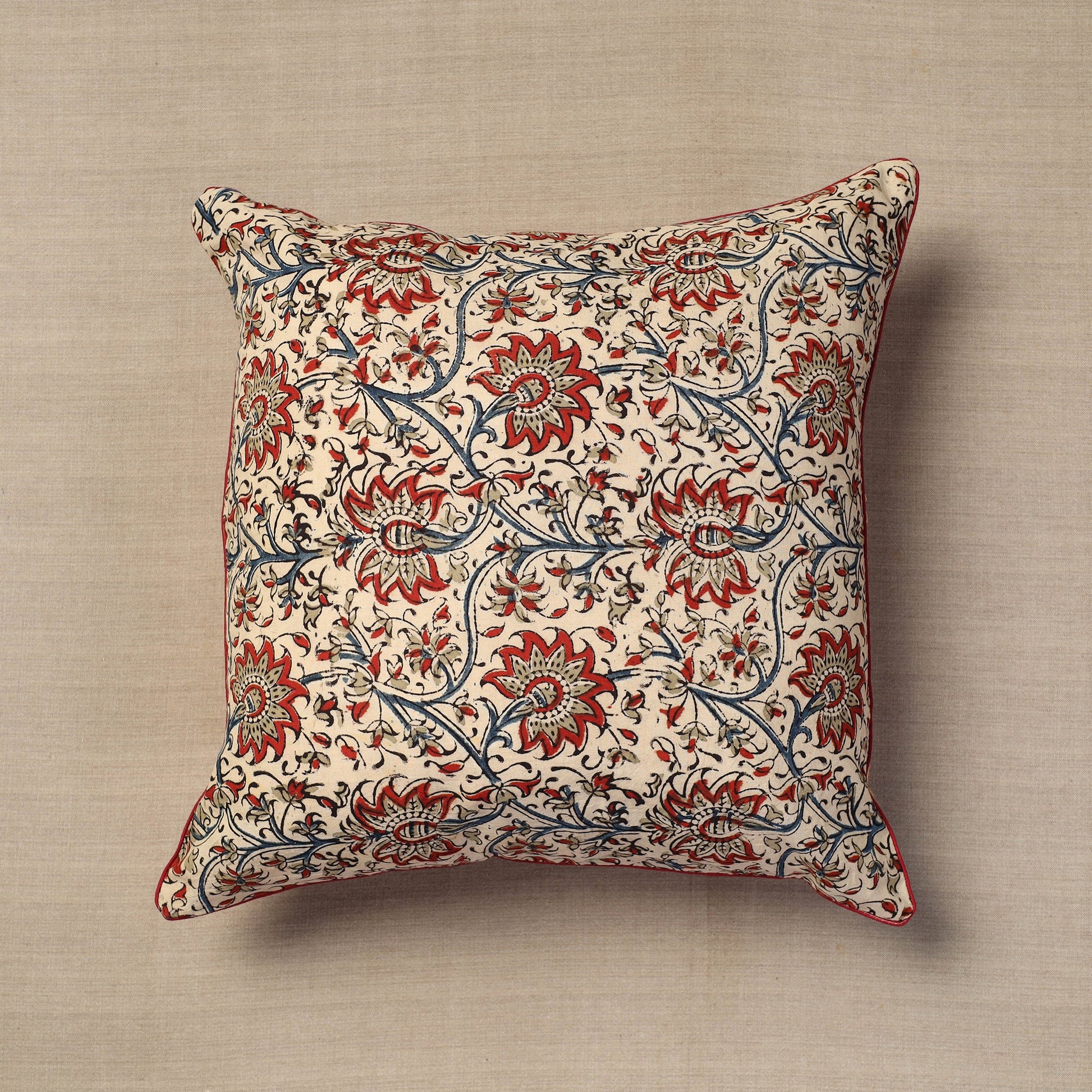 Beige - Block Print Cotton Kalamkari Cushion Cover (16 x 16 in) 02