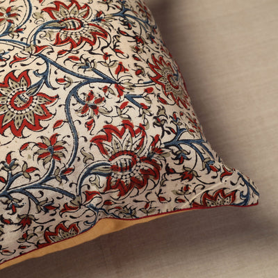 Beige - Block Print Cotton Kalamkari Cushion Cover (16 x 16 in) 02