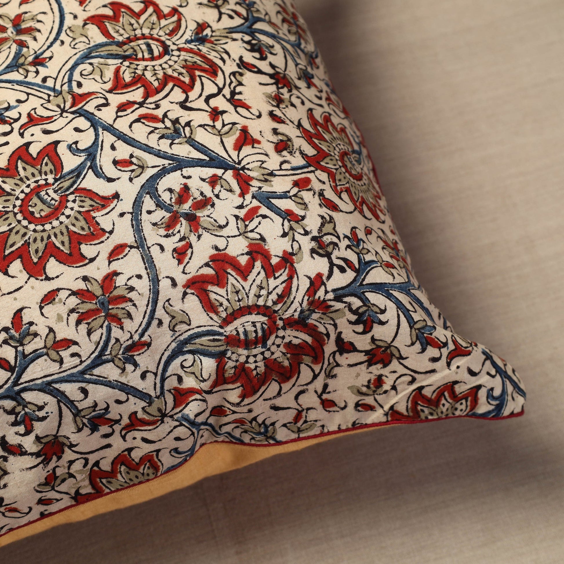 Beige - Block Print Cotton Kalamkari Cushion Cover (16 x 16 in) 02