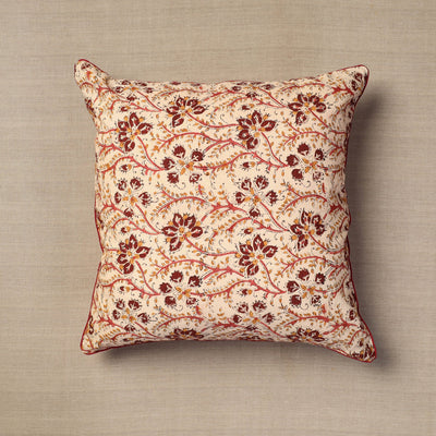 Beige - Block Print Cotton Kalamkari Cushion Cover (16 x 16 in) 03