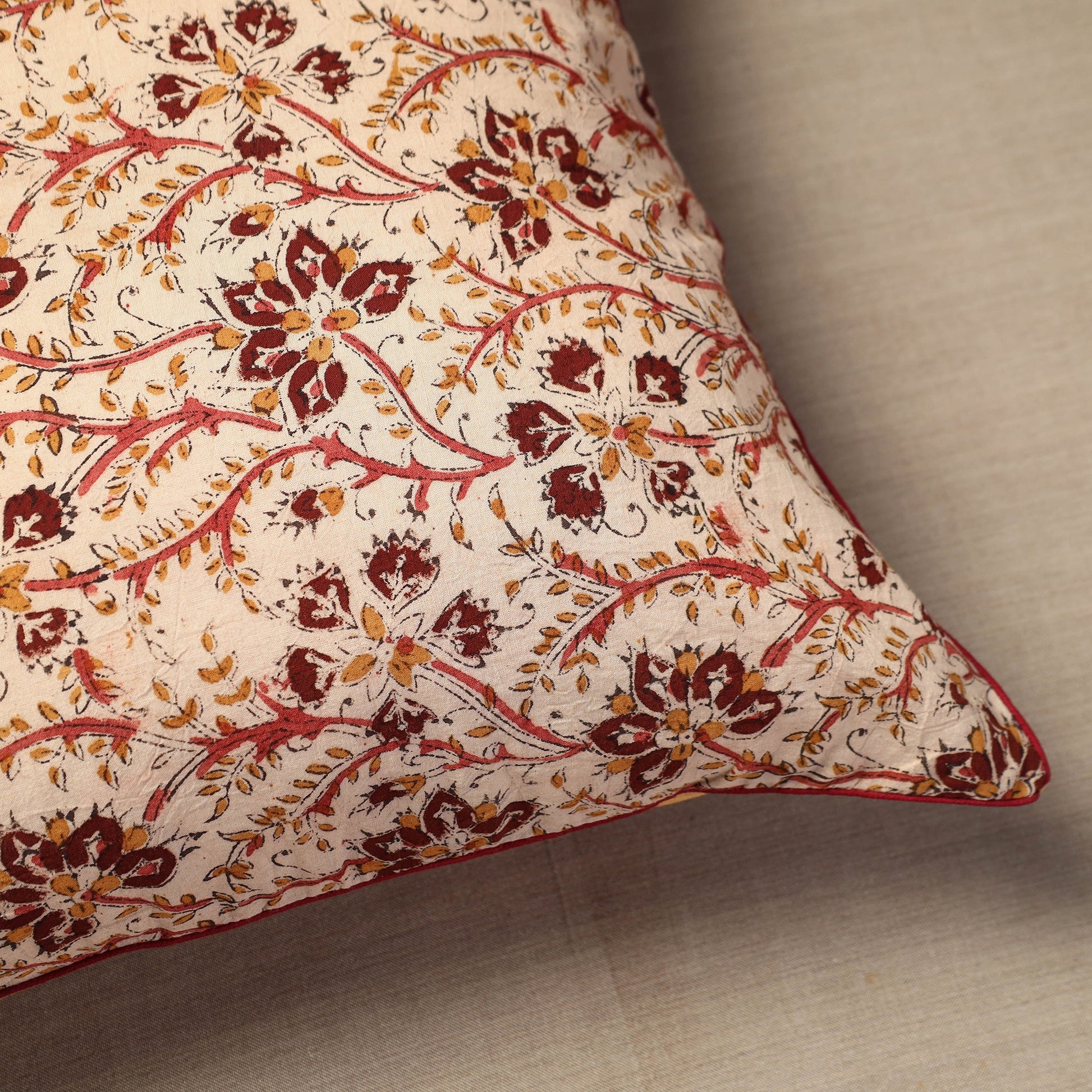 Beige - Block Print Cotton Kalamkari Cushion Cover (16 x 16 in) 03