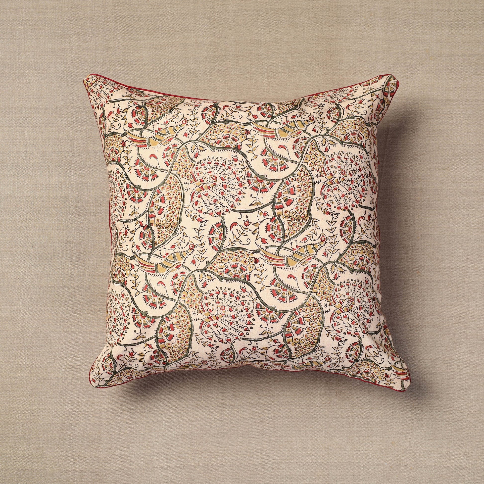 Beige - Block Print Cotton Kalamkari Cushion Cover (16 x 16 in) 04