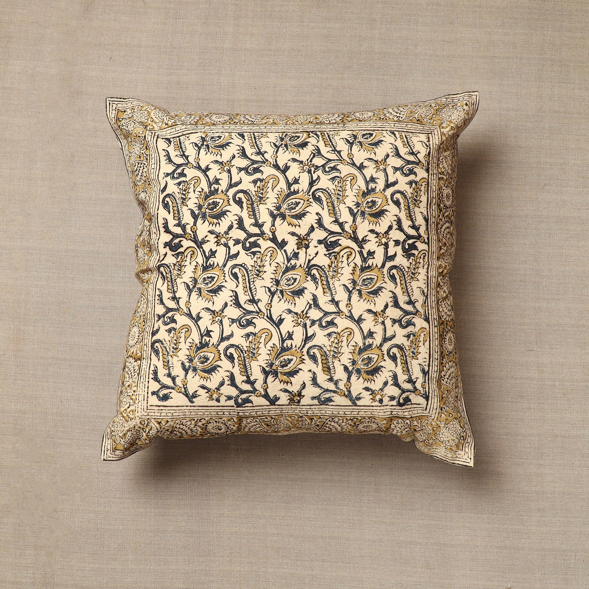 Beige - Original Pedana Block Print Cotton Kalamkari Cushion Cover 14