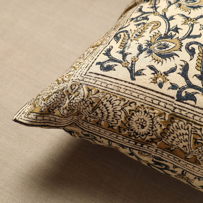Beige - Original Pedana Block Print Cotton Kalamkari Cushion Cover 14