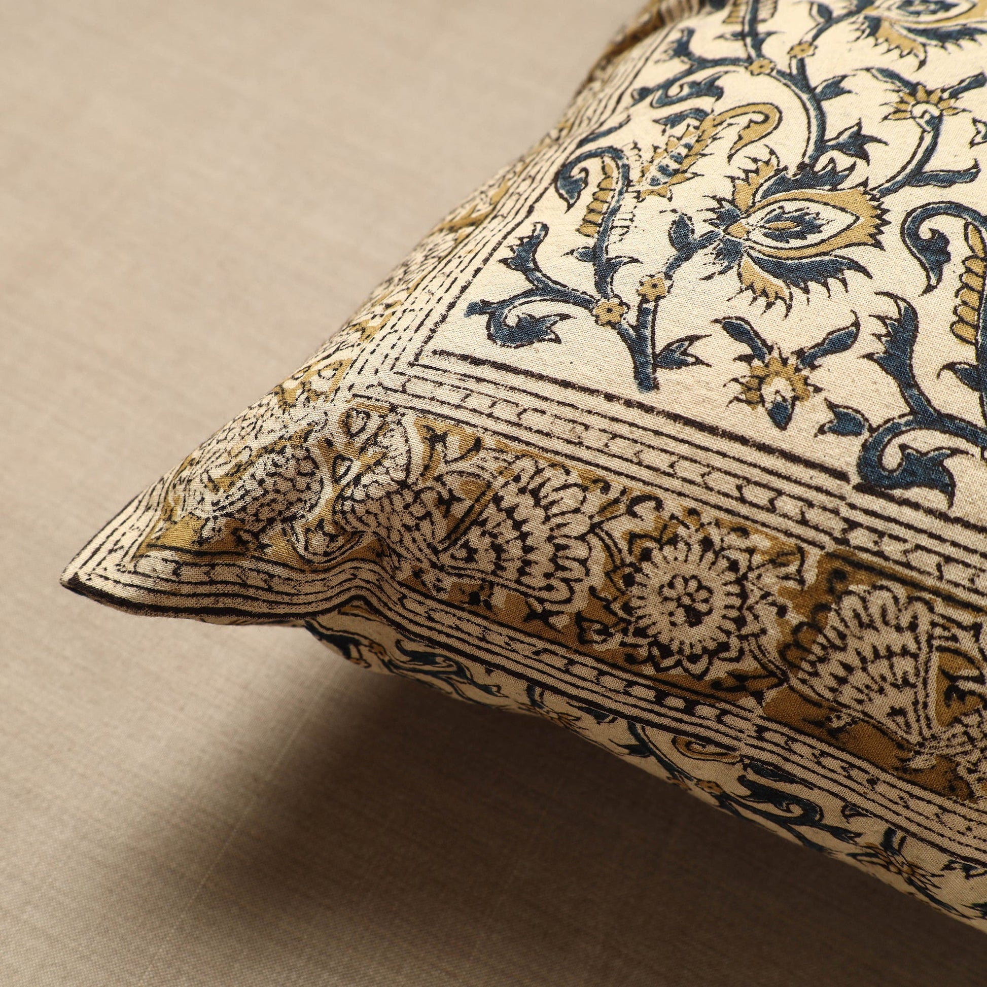 Beige - Original Pedana Block Print Cotton Kalamkari Cushion Cover 14