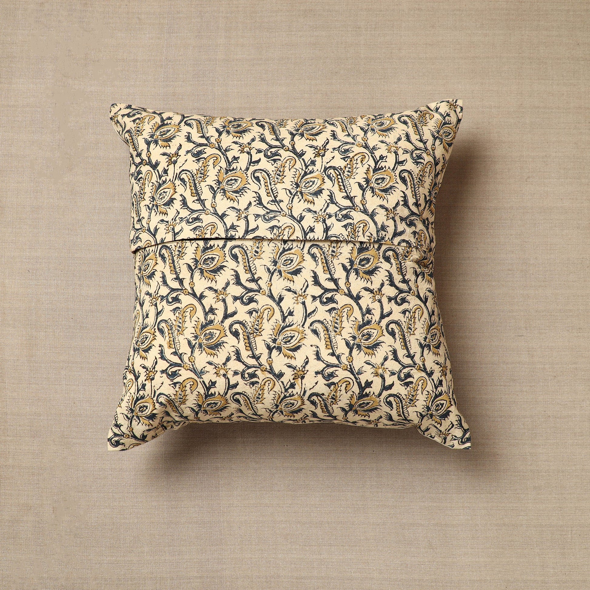 Beige - Original Pedana Block Print Cotton Kalamkari Cushion Cover 14