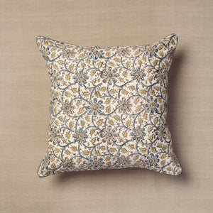 Beige - Block Print Cotton Kalamkari Cushion Cover (16 x 16 in) 07