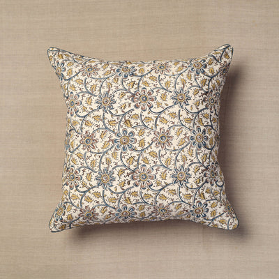 Beige - Block Print Cotton Kalamkari Cushion Cover (16 x 16 in) 07
