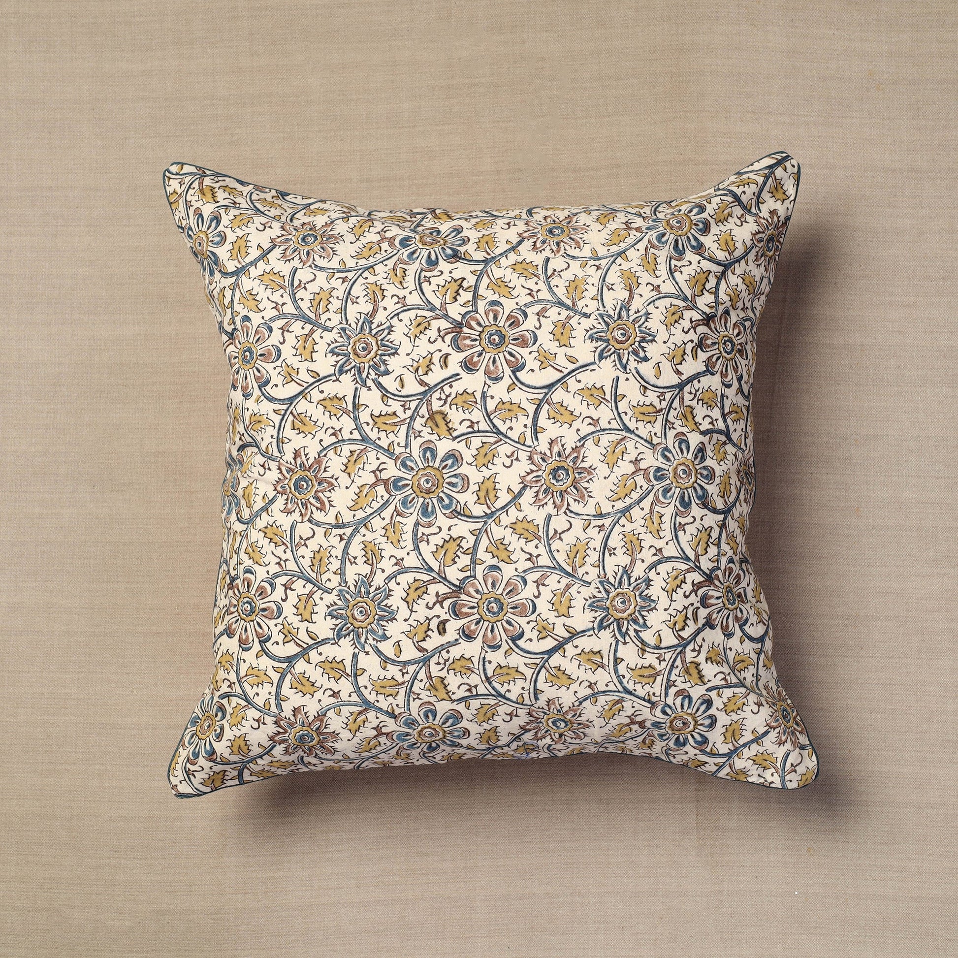 Beige - Block Print Cotton Kalamkari Cushion Cover (16 x 16 in) 07
