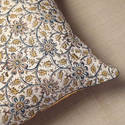 Beige - Block Print Cotton Kalamkari Cushion Cover (16 x 16 in) 07