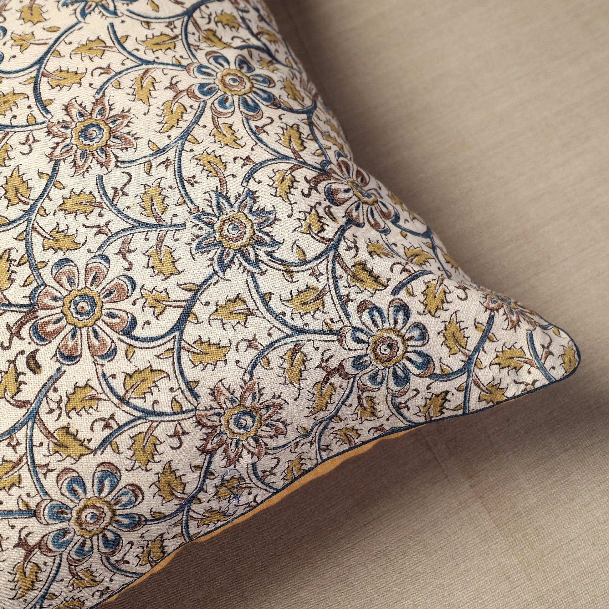 Beige - Block Print Cotton Kalamkari Cushion Cover (16 x 16 in) 07