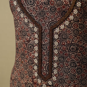 Brown - Ajrakh Block Printed Zardozi & Bead Work Embroidered Cotton Kurta Material - 2.7 Meter
