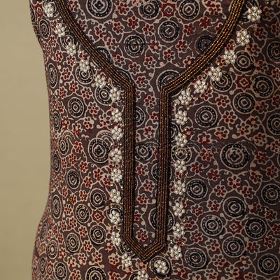 Brown - Ajrakh Block Printed Zardozi & Bead Work Embroidered Cotton Kurta Material - 2.7 Meter
