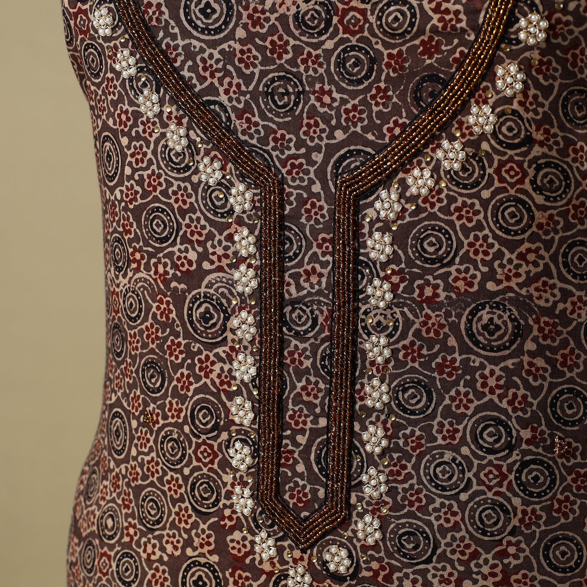 Brown - Ajrakh Block Printed Zardozi & Bead Work Embroidered Cotton Kurta Material - 2.7 Meter