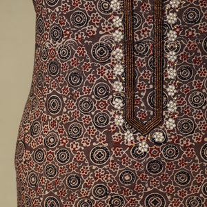 Brown - Ajrakh Block Printed Zardozi & Bead Work Embroidered Cotton Kurta Material - 2.7 Meter