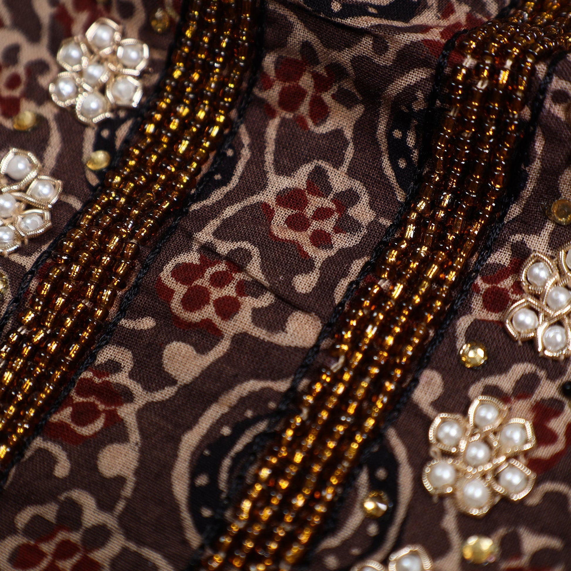 Brown - Ajrakh Block Printed Zardozi & Bead Work Embroidered Cotton Kurta Material - 2.7 Meter