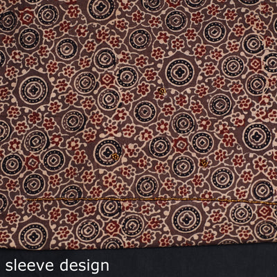 Brown - Ajrakh Block Printed Zardozi & Bead Work Embroidered Cotton Kurta Material - 2.7 Meter