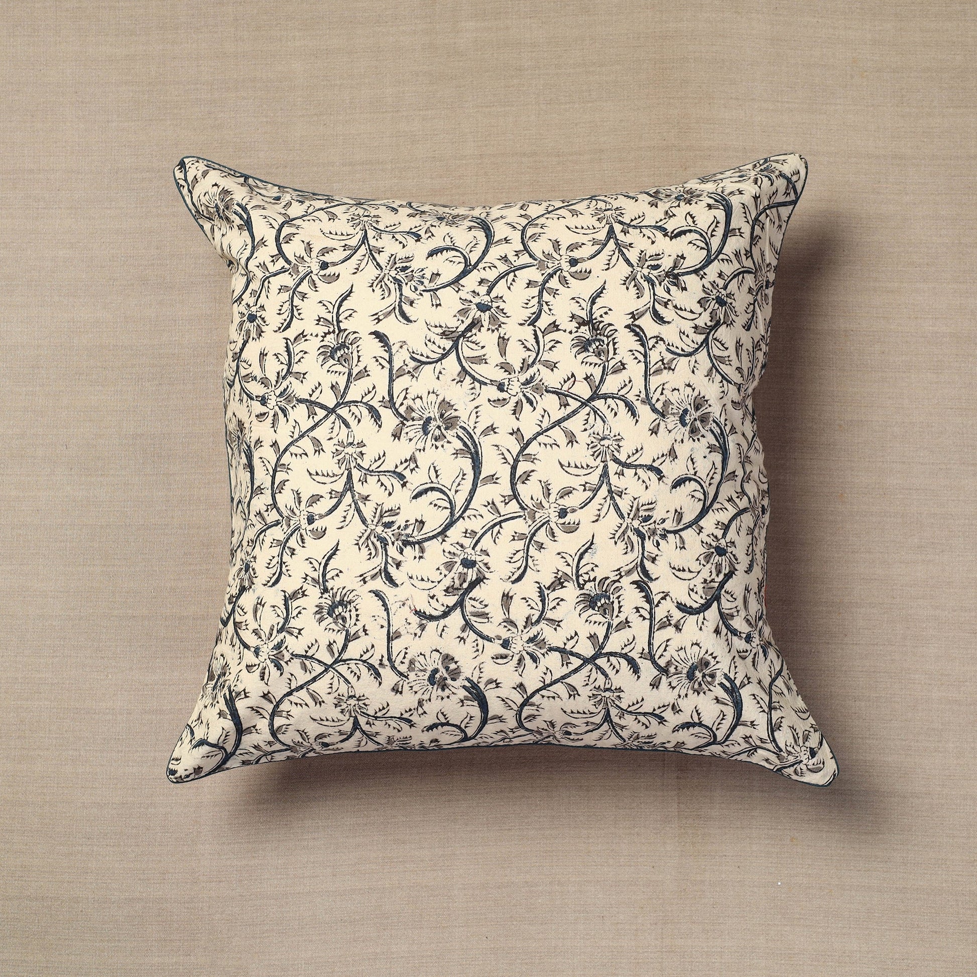 Beige - Block Print Cotton Kalamkari Cushion Cover (16 x 16 in) 11