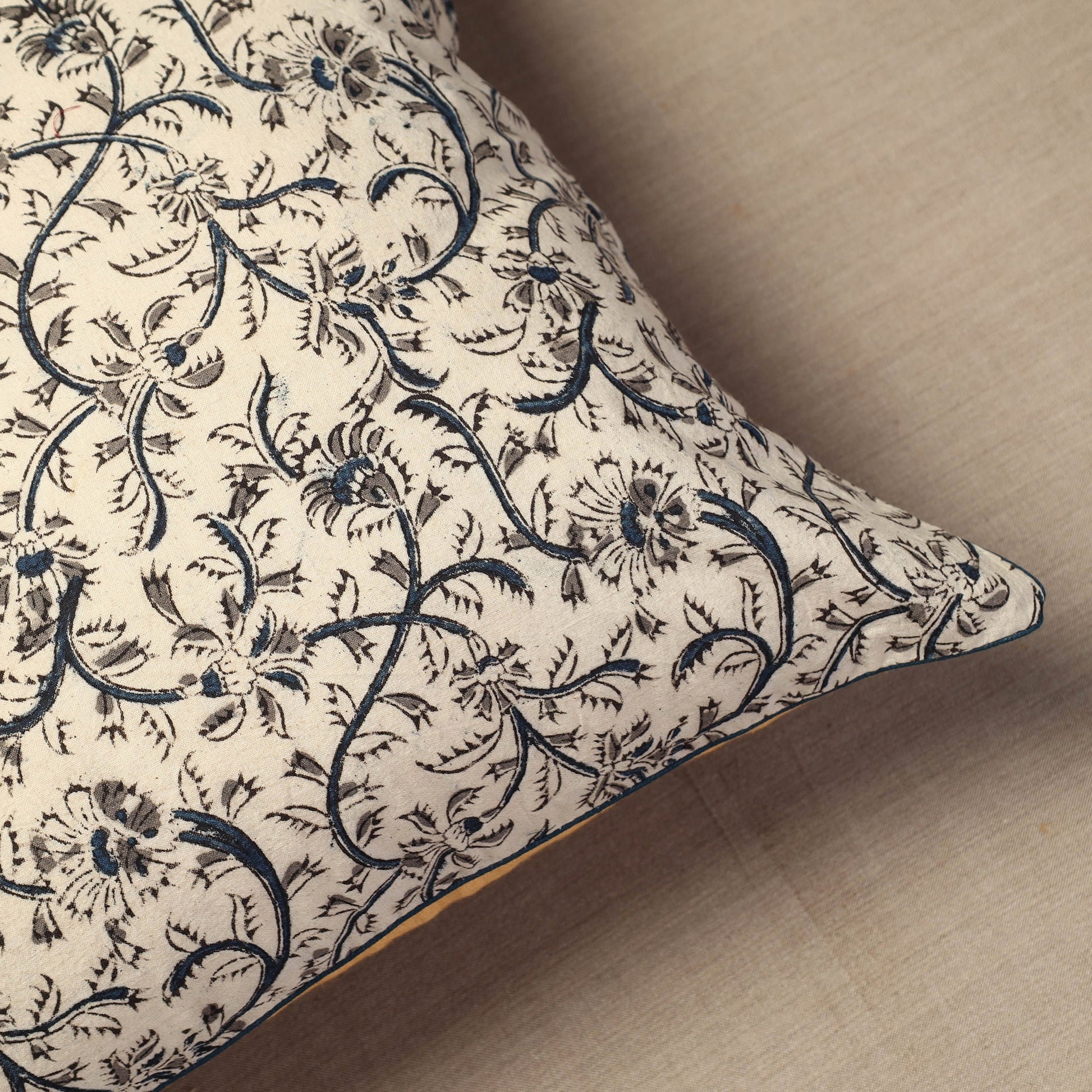 Beige - Block Print Cotton Kalamkari Cushion Cover (16 x 16 in) 11