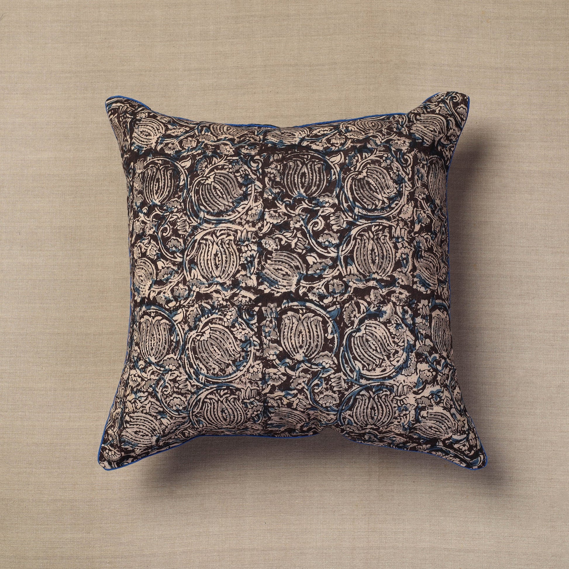 Brown - Block Print Cotton Kalamkari Cushion Cover (16 x 16 in) 13