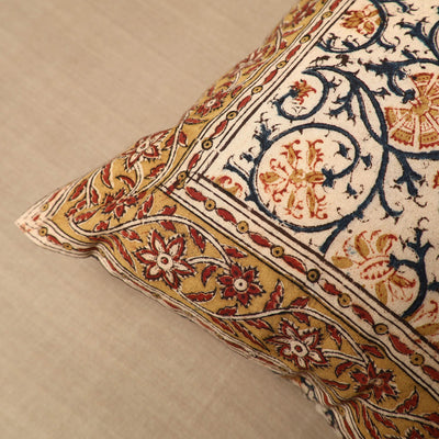 Beige - Pedana Block Print Cotton Kalamkari Cushion Cover 09