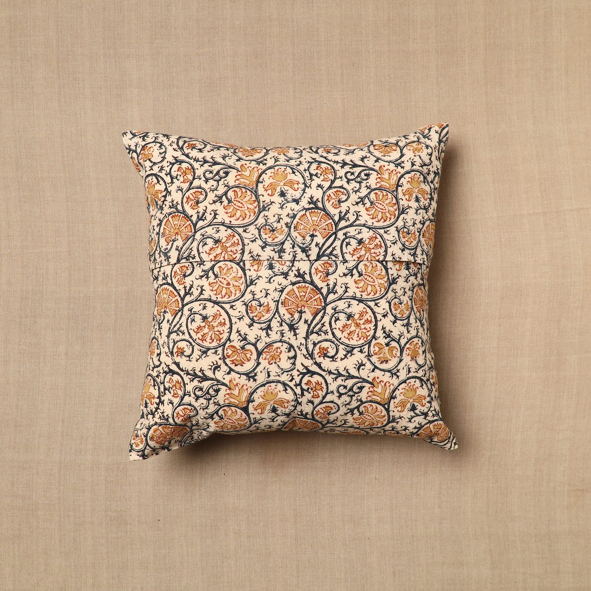 Beige - Pedana Block Print Cotton Kalamkari Cushion Cover 09