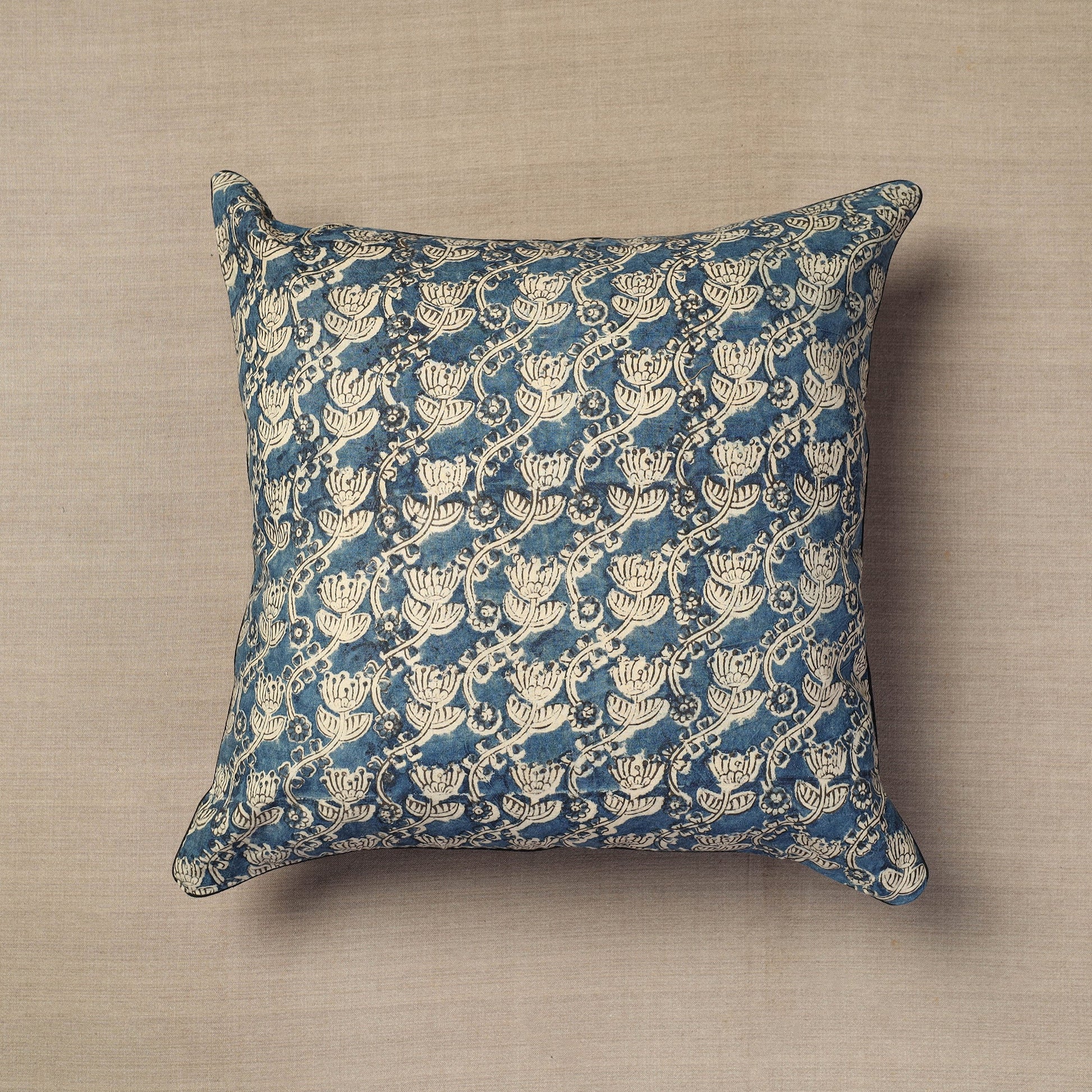 Blue - Block Print Cotton Kalamkari Cushion Cover (16 x 16 in) 16