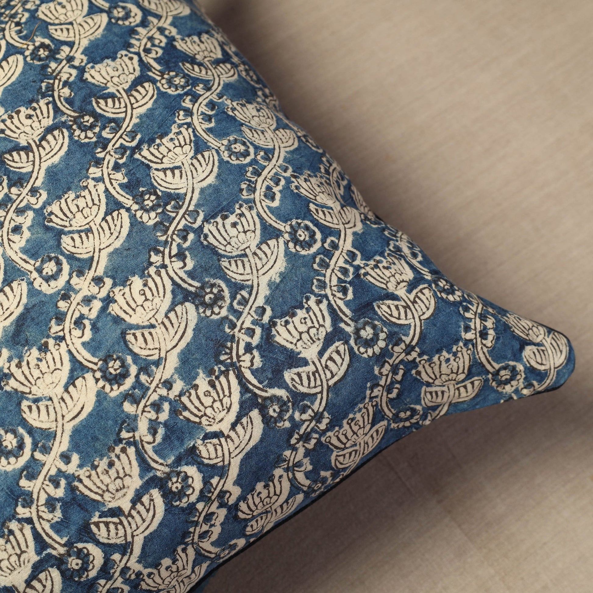 Blue - Block Print Cotton Kalamkari Cushion Cover (16 x 16 in) 16