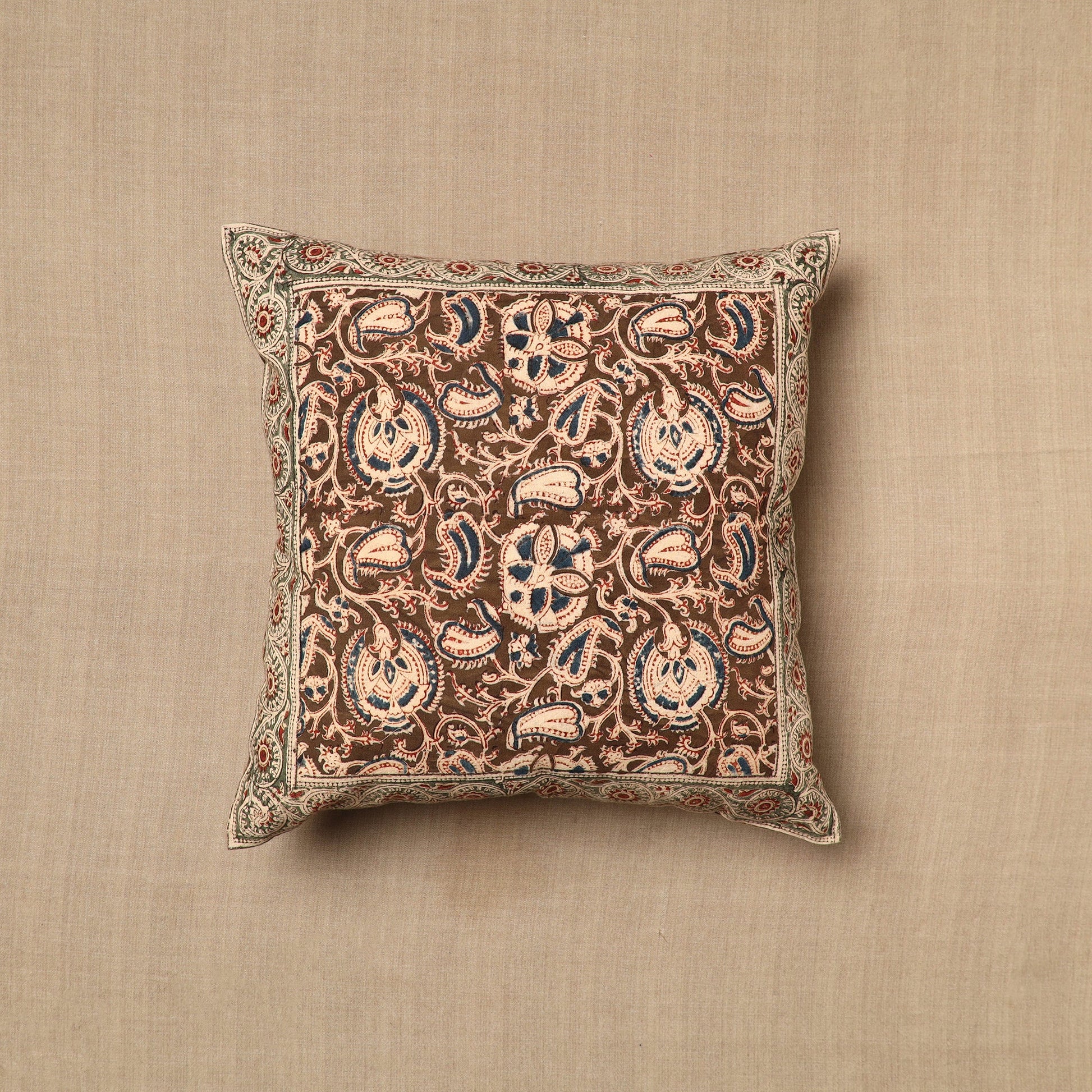 Brown - Pedana Block Print Cotton Kalamkari Cushion Cover 02