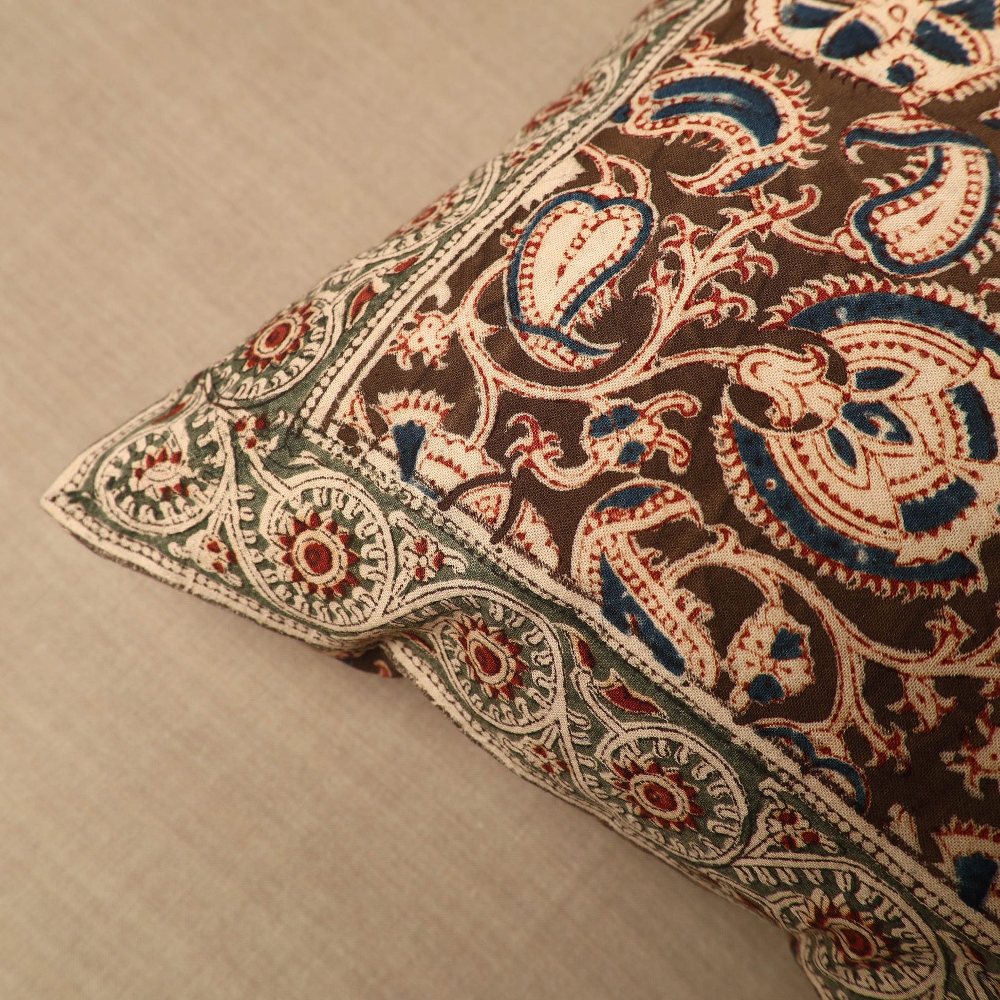 Brown - Pedana Block Print Cotton Kalamkari Cushion Cover 02