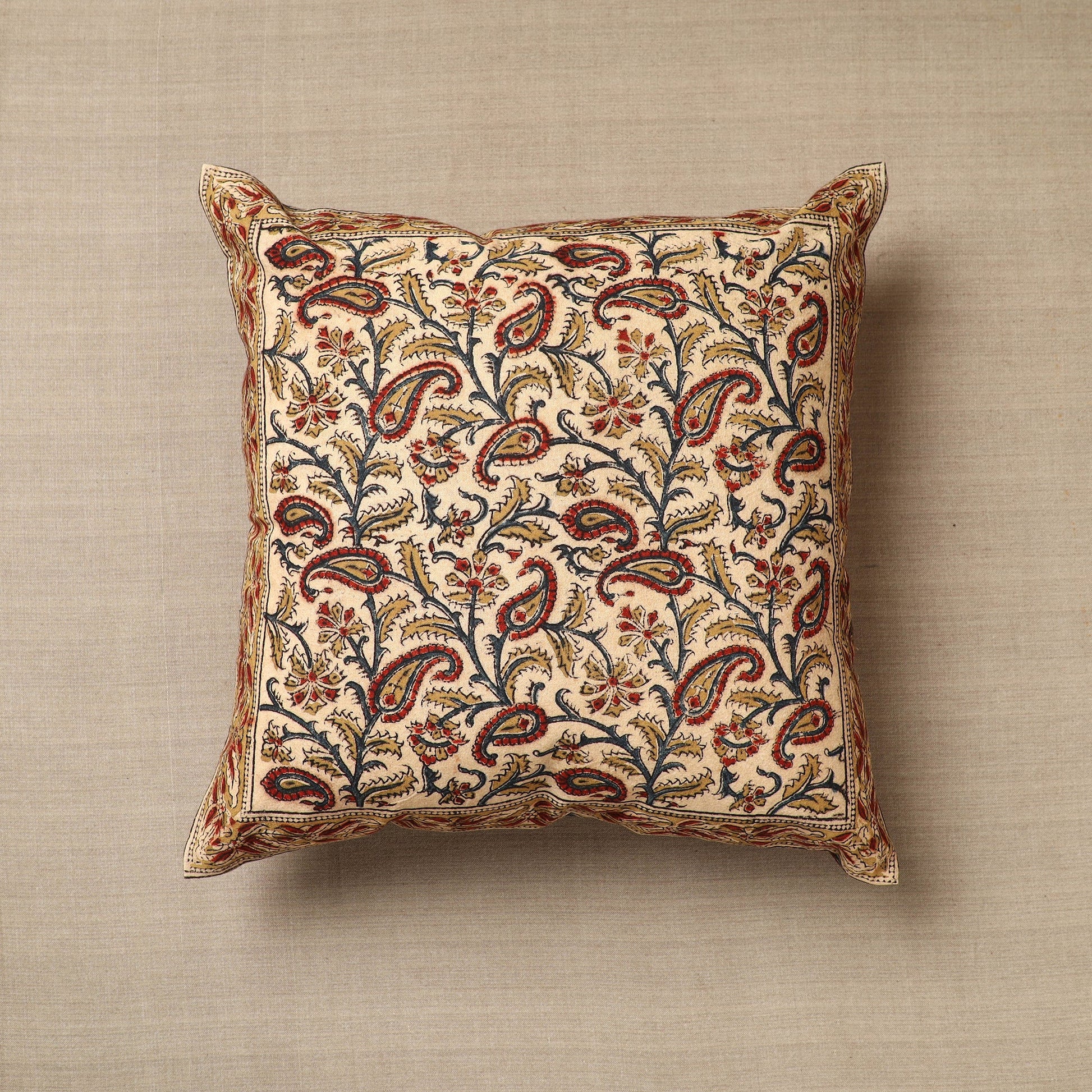 Beige - Original Pedana Block Print Cotton Kalamkari Cushion Cover 19