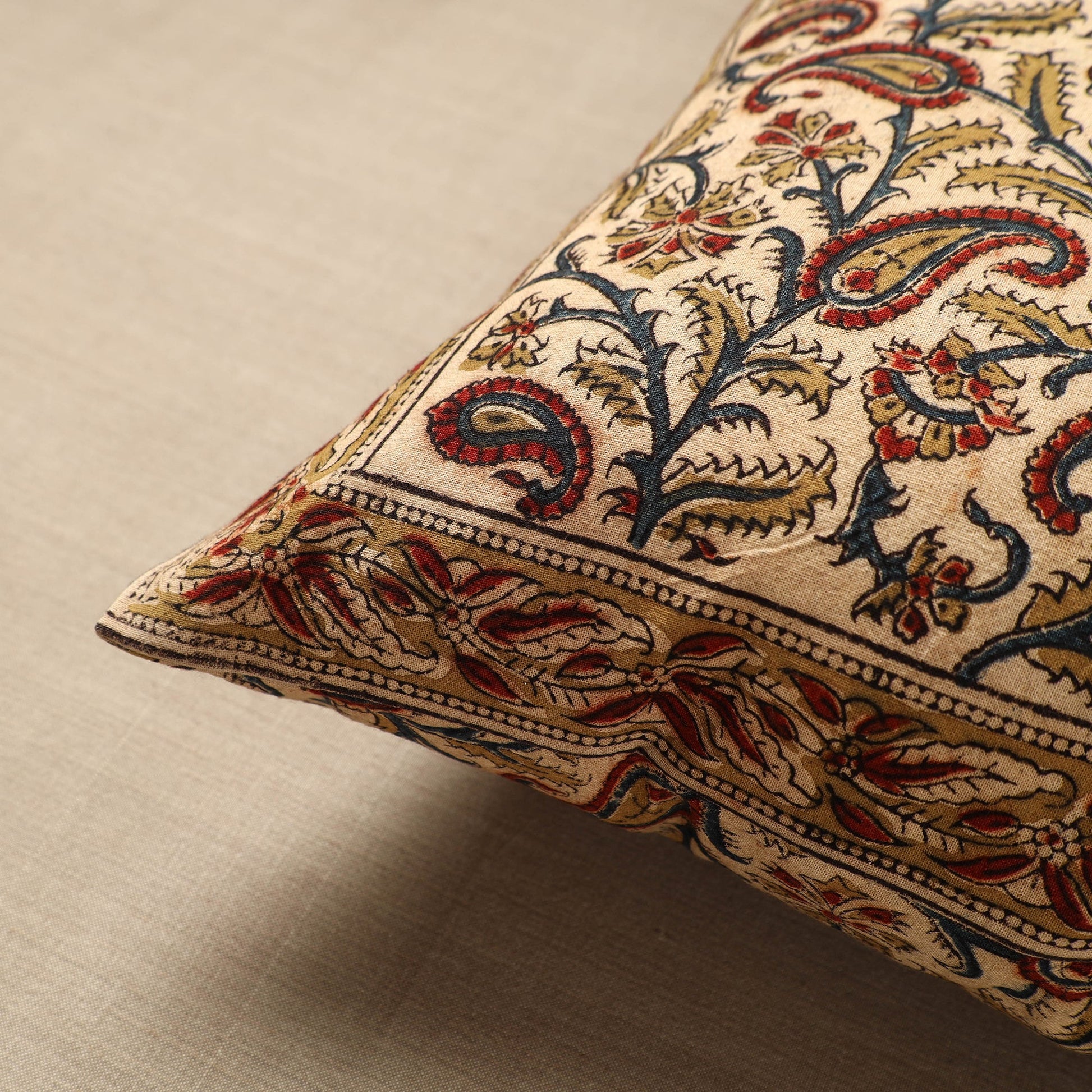 Beige - Original Pedana Block Print Cotton Kalamkari Cushion Cover 19
