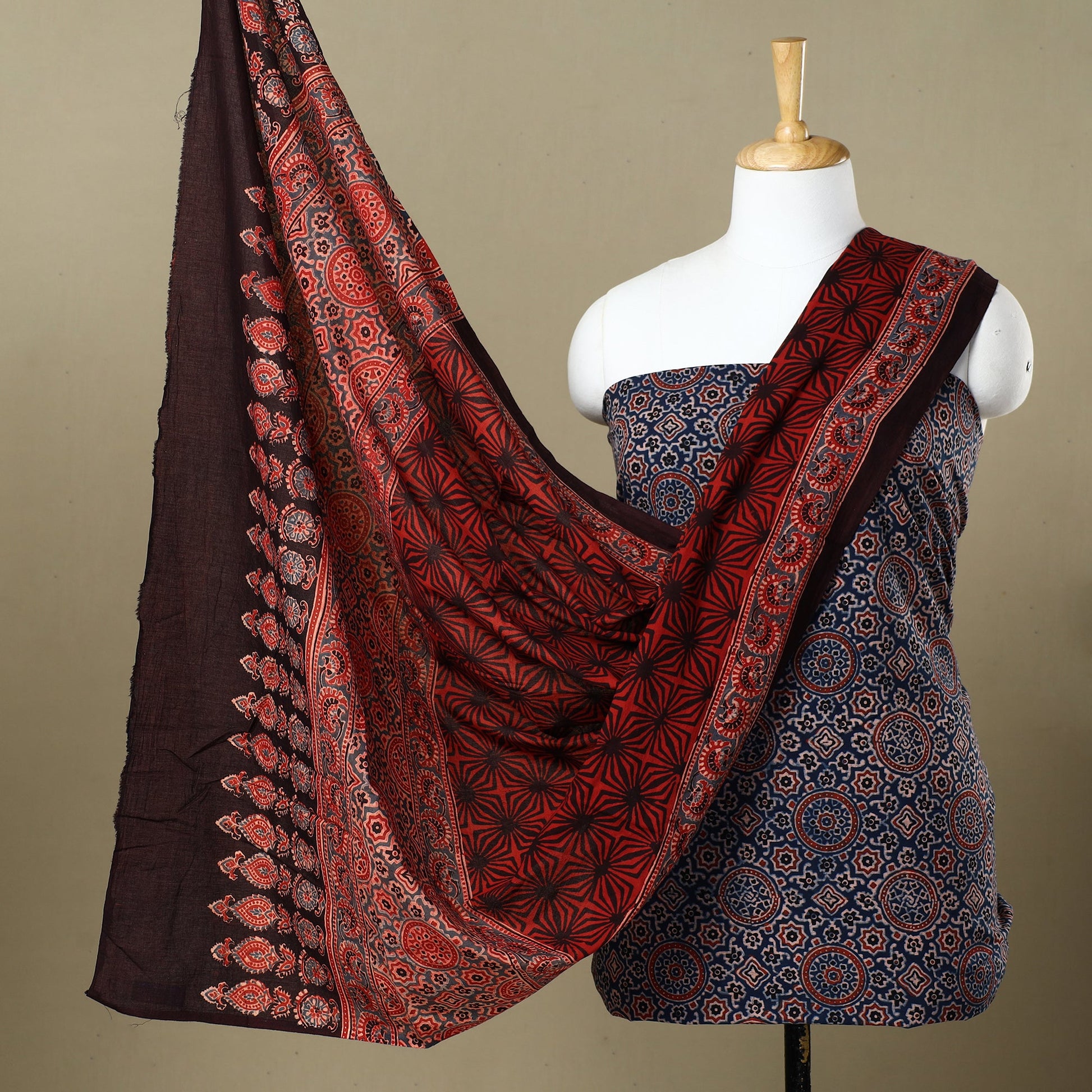 Blue - Ajrakh Block Printed Cotton 3pc Suit Material Set