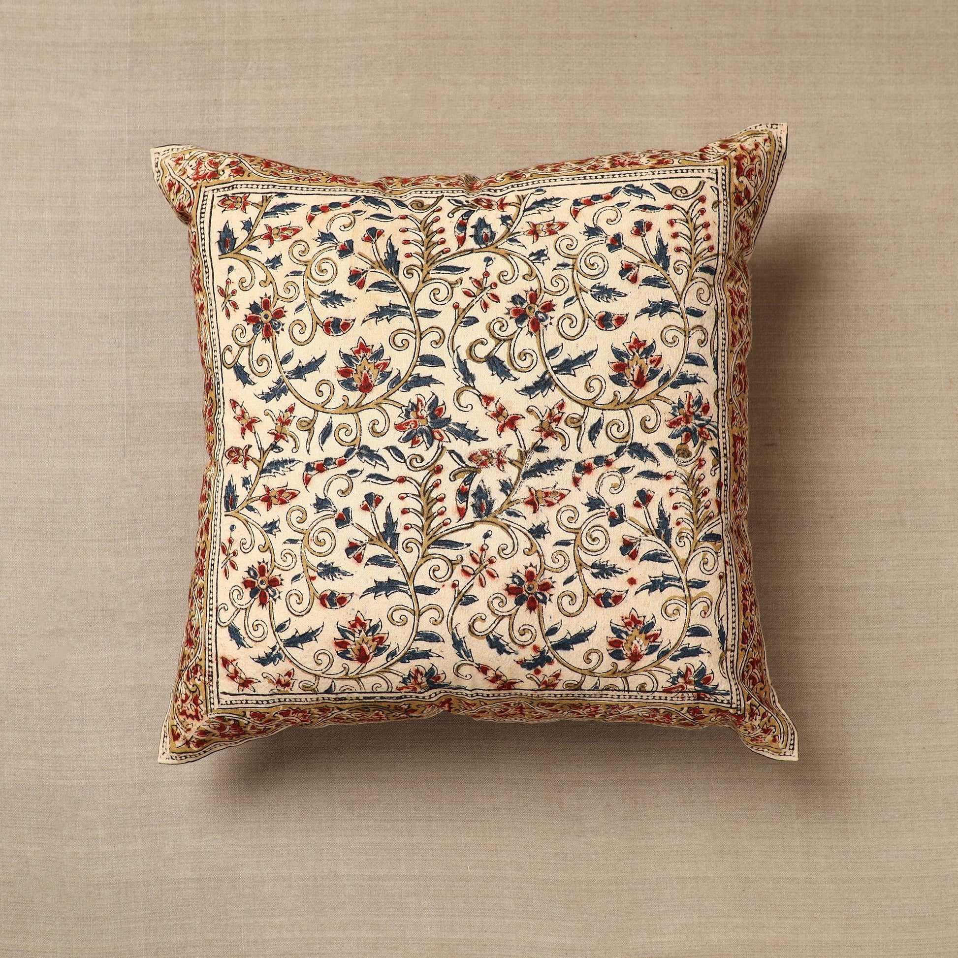 Beige - Original Pedana Block Print Cotton Kalamkari Cushion Cover 26