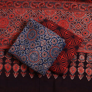 Blue - Ajrakh Block Printed Cotton 3pc Suit Material Set