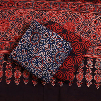Blue - Ajrakh Block Printed Cotton 3pc Suit Material Set