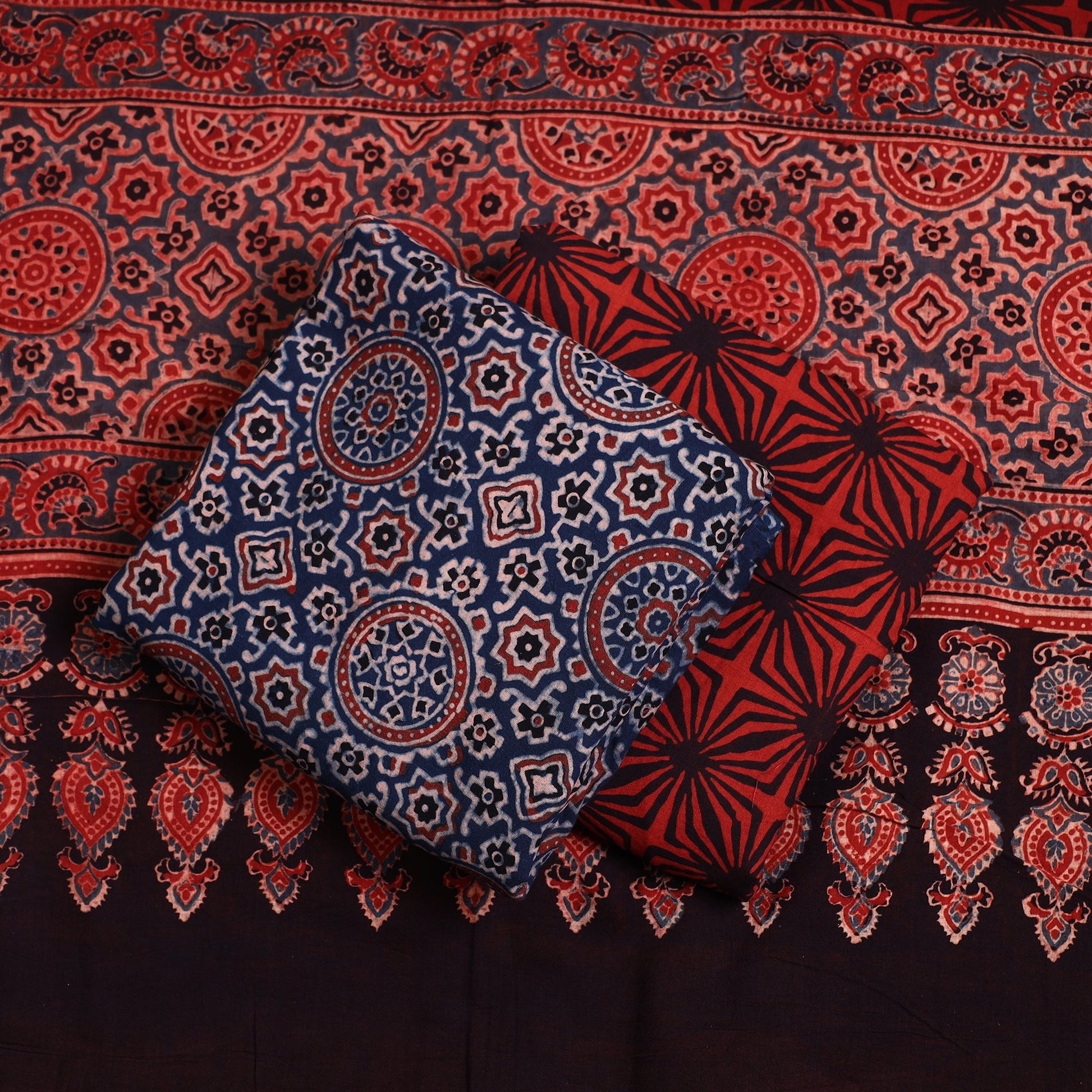 Blue - Ajrakh Block Printed Cotton 3pc Suit Material Set