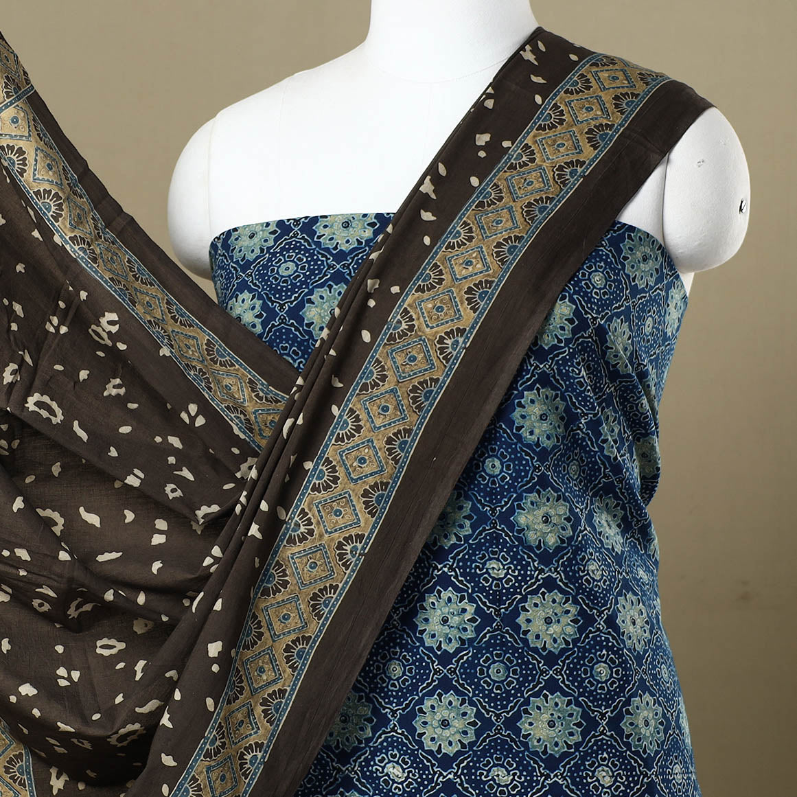 Blue - Ajrakh Block Printed Cotton 3pc Suit Material Set