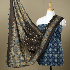 Blue - Ajrakh Block Printed Cotton 3pc Suit Material Set