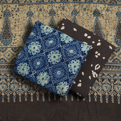 Blue - Ajrakh Block Printed Cotton 3pc Suit Material Set
