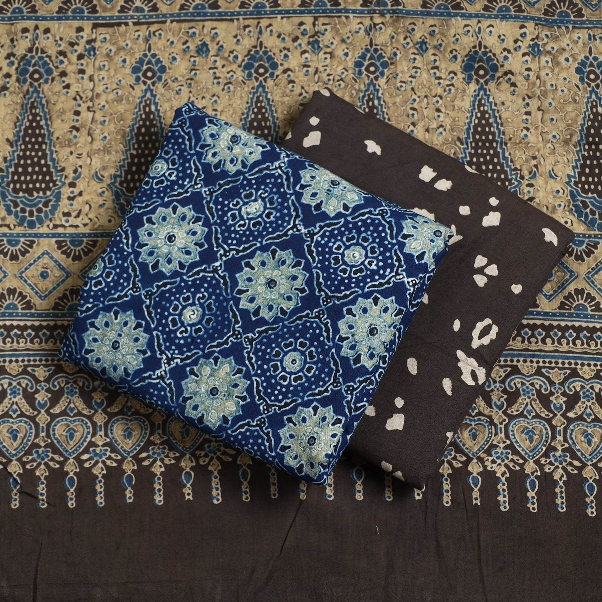 Blue - Ajrakh Block Printed Cotton 3pc Suit Material Set