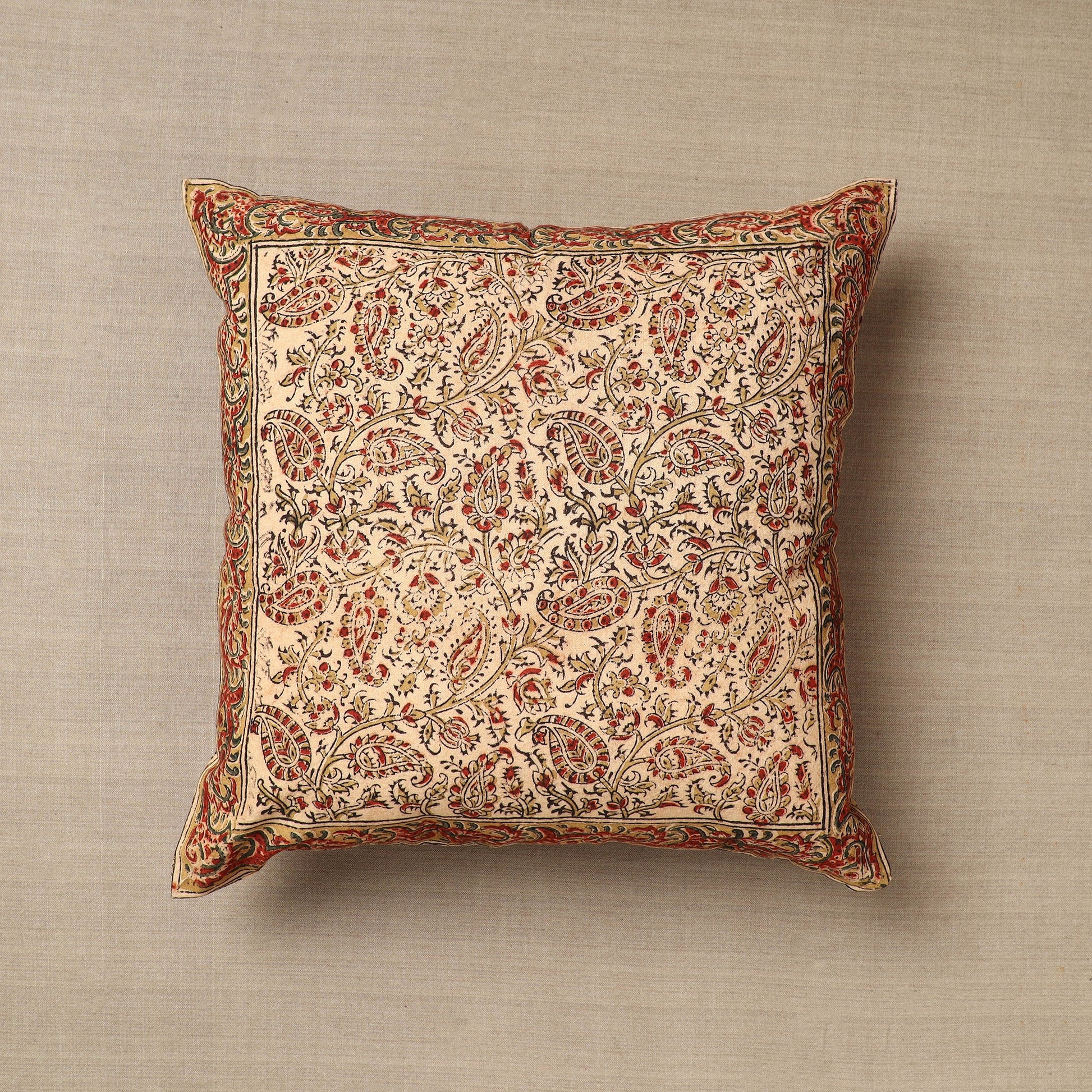 Beige - Original Pedana Block Print Cotton Kalamkari Cushion Cover 32