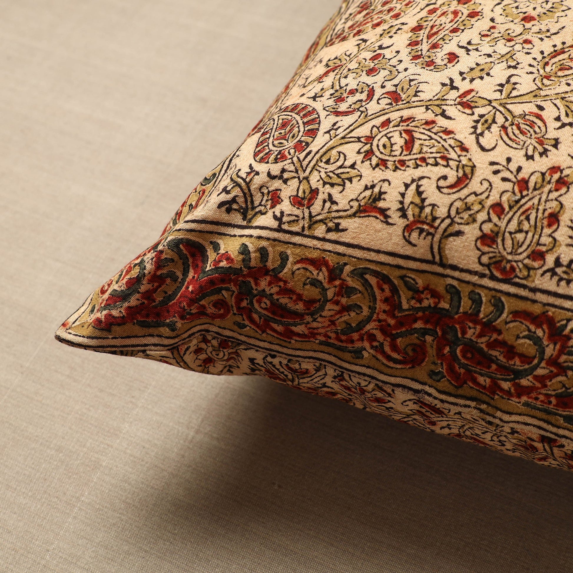 Beige - Original Pedana Block Print Cotton Kalamkari Cushion Cover 32