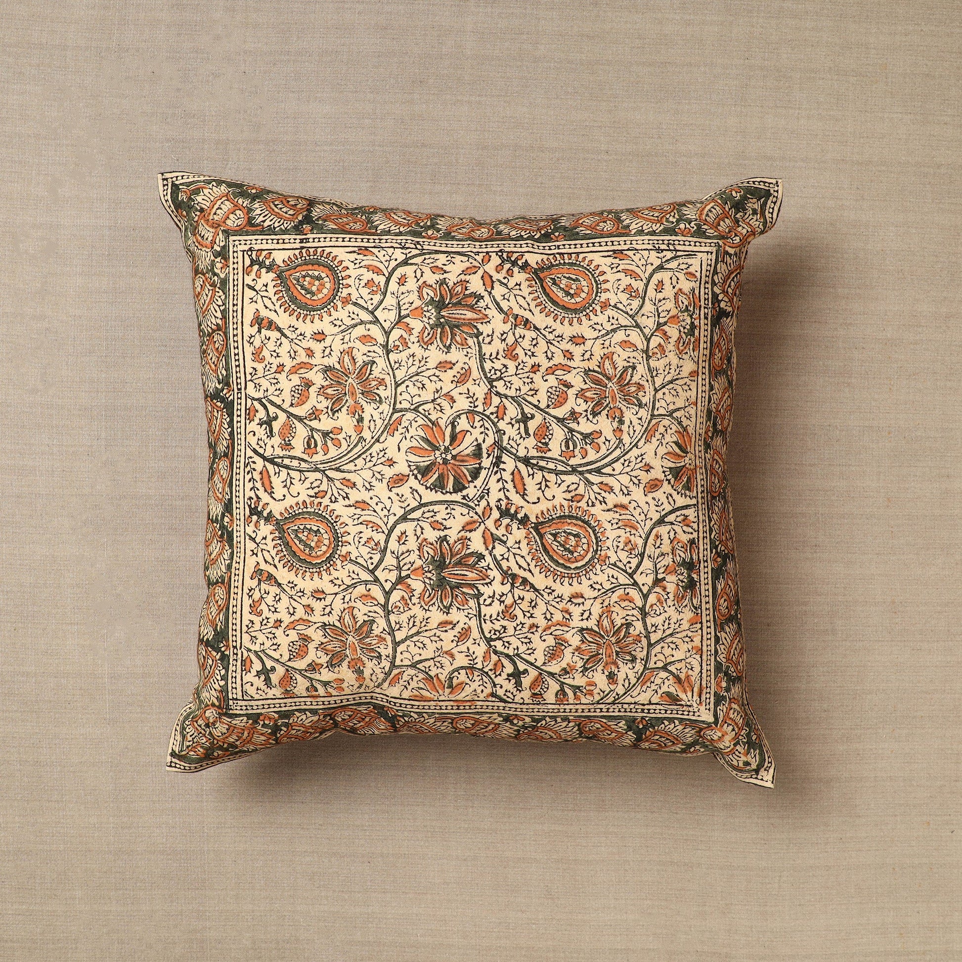 Beige - Original Pedana Block Print Cotton Kalamkari Cushion Cover 33