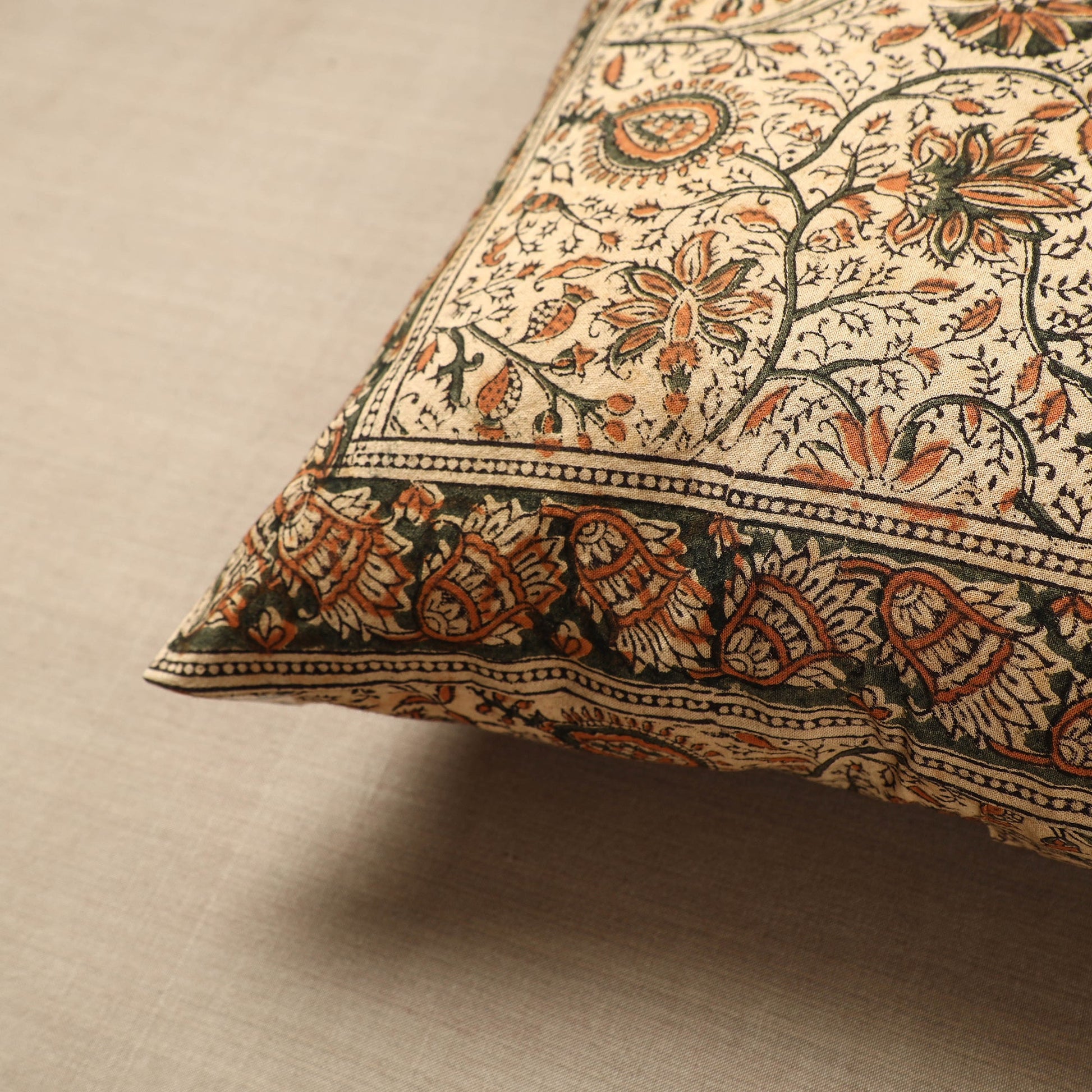 Beige - Original Pedana Block Print Cotton Kalamkari Cushion Cover 33